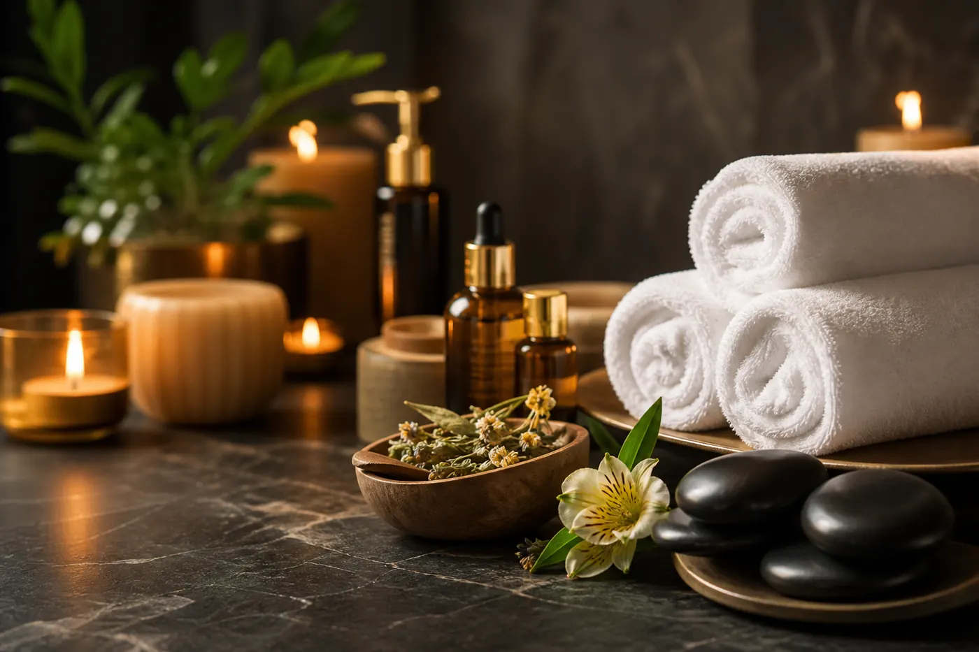 Towels, massage oils, stones, and wellness products