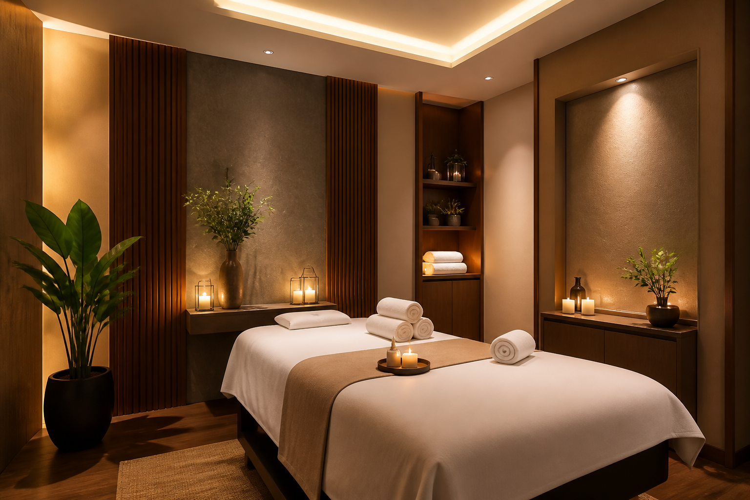 Private spa treatment room with massage bed