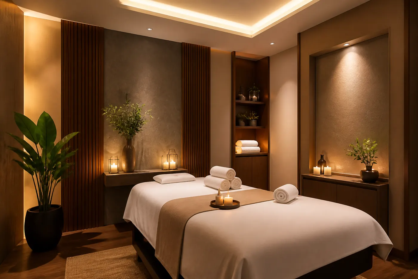 Private spa treatment room with massage bed